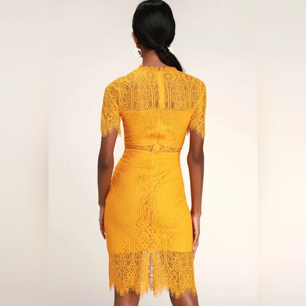 Lulus Remarkable Bright Goldenrod Lace Dress - Size M - Picture 3 of 5